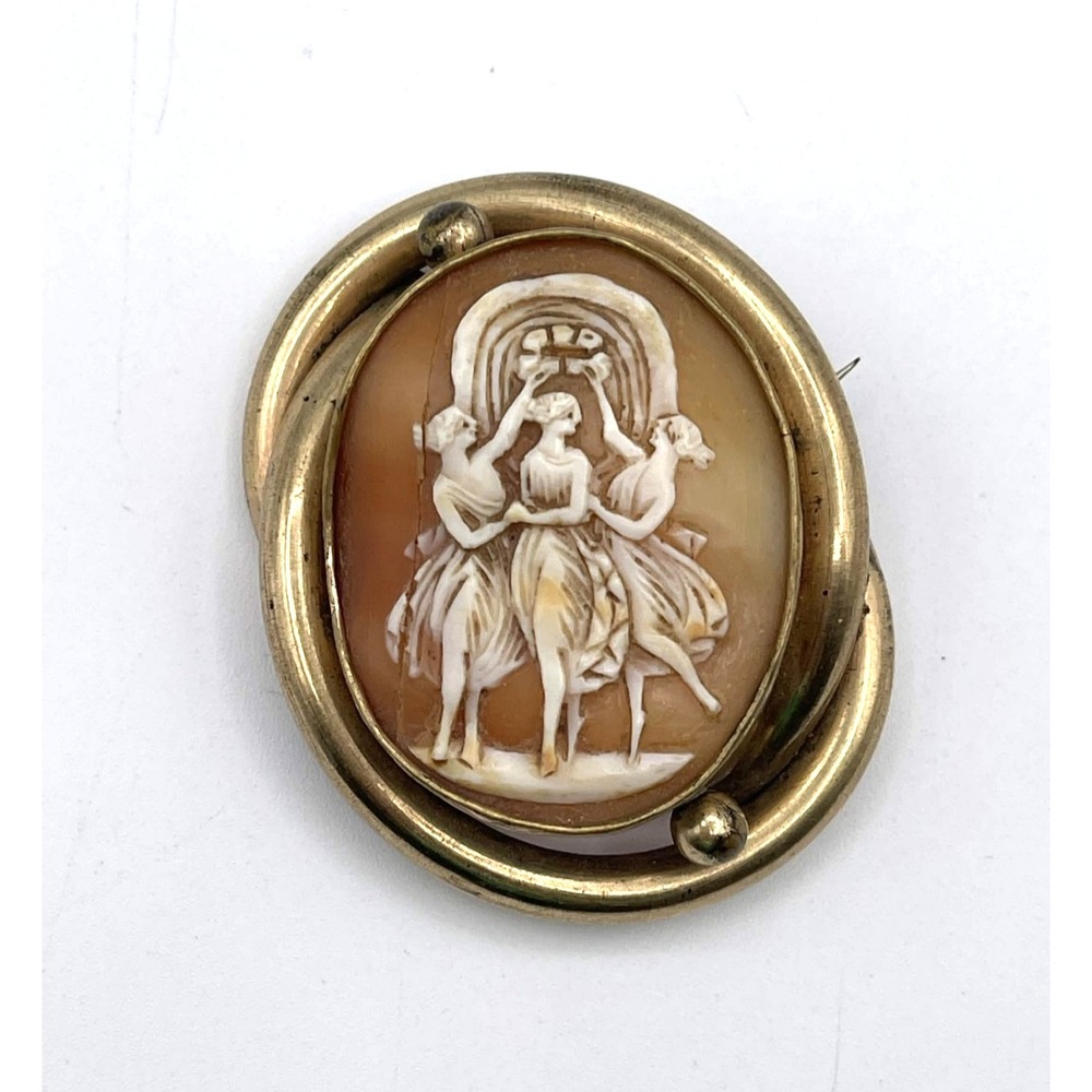 Antique Three Graces Carved Shell Cameo Brooch Gold Filled Large 2.5"